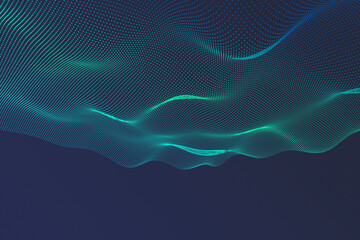 This digital wallpaper captures a vibrant depiction of cybernetic waves, where particles and dots create a visual flow of energy and information across a technologically advanced backdrop