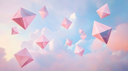 Abstract design with multiple pink tetrahedrons floating in a pastel sky