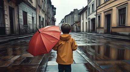 Painting of a young boy in a yellow raincoat holding a red umbrella stands on a rainy street in a small town -Gen AI