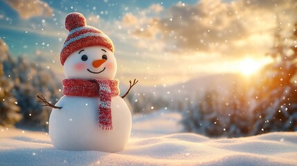 Obraz premium An adorable snowman in a snowy field, wearing a cozy hat and scarf