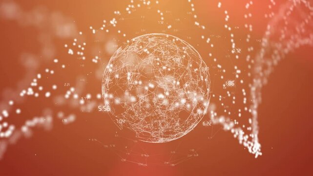 Animation of dna strand with data processing over globe on orange background - Powered by Adobe