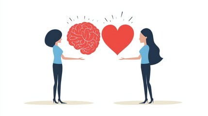  Two women facing each other, holding symbols of brain and heart, representing choice between logic and emotion in decision-making process.