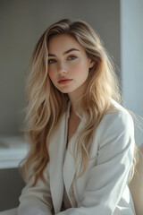Fototapeta premium Blonde woman in a white coat, seated in a bright, modern clinic with sleek furnishings