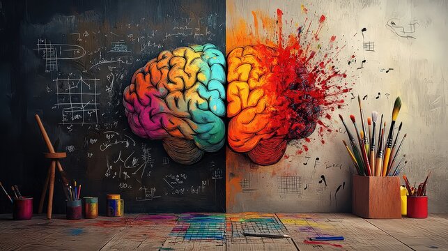  Dual-sided brain art, blending science and creativity, half covered in mathematical equations, the other bursting with color, paint, and artistic energy.