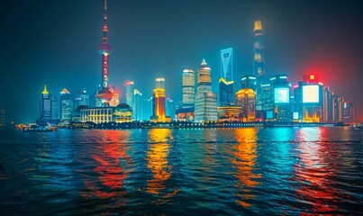 Fototapeta premium View of Shanghai skyline at night, view of the financial district along the Huangpu River, China.