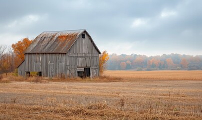 Obraz premium vintage barn in a field. gray barn weathered wood. gentle breeze blowing on the field. during autumn