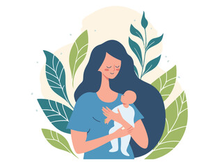 A flat vector illustration of A long-haired woman in holding her baby, white background