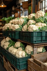 Cauliflower Storage Crates of freshly harvested cauliflower stacked in a large, industrial warehouse