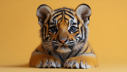 Cute tiger cub with wide eyes, yellow background.