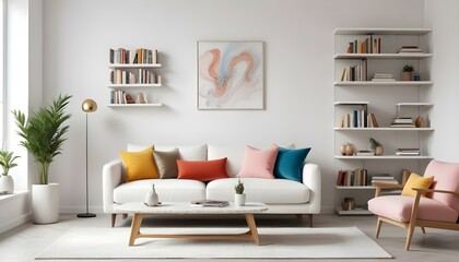 Photo modern style interior room 3d illustration Interior,Kitchen,Washrooms frame living room with colorful white sofa,led with blank frame