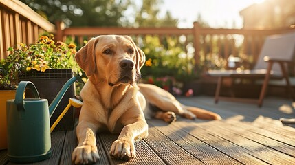 Golden Retriever Relaxing on a Wooden Deck.