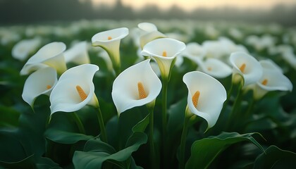 Field of white calla lilies, closeup, natural soft lighting, serene green backdrop