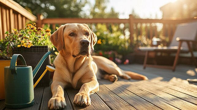 Golden Retriever Relaxing on a Wooden Deck. - Powered by Adobe