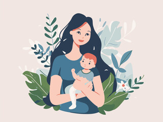 A flat vector illustration of A long-haired woman in holding her baby, white background