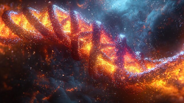 Semiabstract depiction of the human genome with DNA strands interwoven into swirling neon patterns representing genetic diversity and complexity