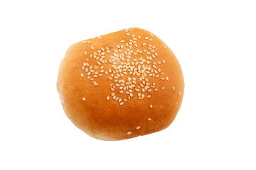 Hamburger bun sprinkled with sesame seeds on top isolated on white background close-up