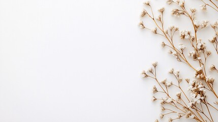 Delicate dried flowers arranged elegantly on a white background, creating a serene and minimalist vibe.