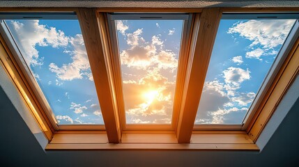 Fototapeta premium Three skylights frame a stunning sunset with scattered clouds, allowing warm sunlight to fill the room and create a serene atmosphere.