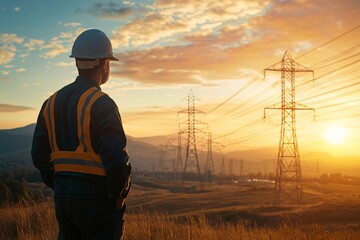 Electrical Engineer Looking at Transmission Towers at Sunset