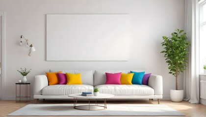 Photo modern style interior room 3d illustration Interior,Kitchen,Washrooms frame living room with colorful white sofa,led with blank frame