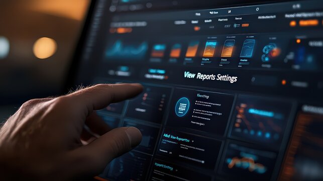  navigating through data analytics dashboard on a touchscreen, showcasing modern technology and business data control.
