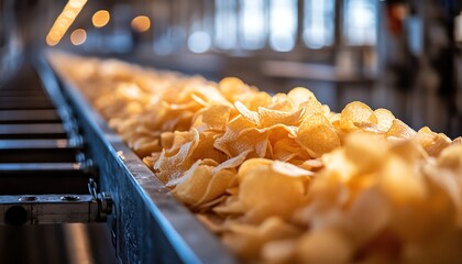 Potato chips moving along a conveyor belt in a factory, golden and crispy