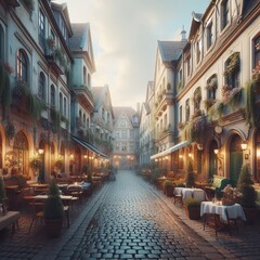 A serene European alley featuring charming outdoor cafes and historic architecture, captured in soft, ambient light. The cobblestone path, lined with flowering plants, creates a warm and inviting