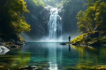 Landscape with a person fishing in a valley with a large waterfall in a beautiful forest with many deep green trees