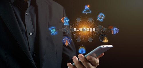 Businessman holding smartphone to show neon line banner of business concept with icons of ideas, management, strategy, leadership, process, team, implementation and goals.