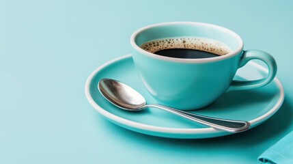Obraz premium A serene coffee cup on a turquoise background, perfect for a relaxing moment.