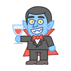 Vampire holds glass with drink and smiles