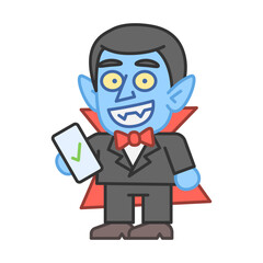 Vampire holds smartphone and smiles