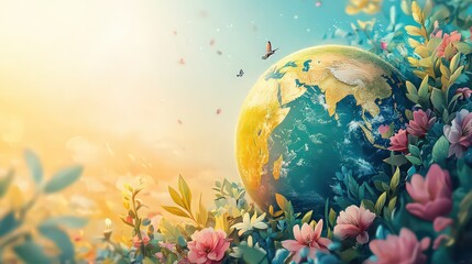Naklejka premium Earth cradled in flowers and butterflies, symbolizing harmony between nature and planet. Hopeful vision of environmental care and sustainability.