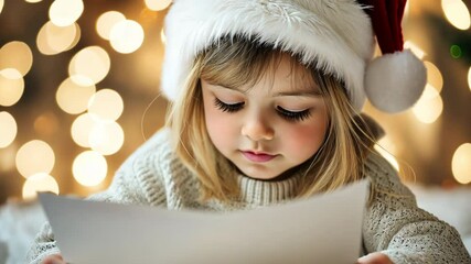Little girl in Santa hat reading letter she wrote for Santa, Christmas lights twinkling in background. Child's face aglow with anticipation as she reviews her holiday wish list or note to St. Nick