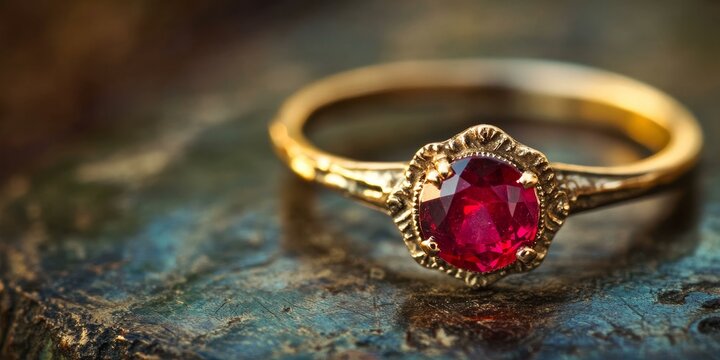 Gold ring with a red ruby stone.
