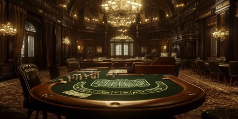 Luxurious casino interior with roulette table.