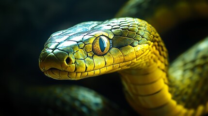 Fototapeta premium Closeup Portrait of an Emerald Green and Yellow Snake with Intense, Captivating Eyes in the Dark