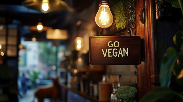 Go Vegan Wooden Sign on Rustic Green Background
