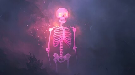 Fototapeta premium Glowing human skeleton in dark, eerie, foggy forest, illuminated with pink and purple light, mysterious and surreal atmosphere.