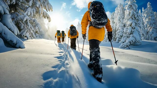 Winter hikers trekking through snowy forest, person in yellow jacket leading. Group snowshoeing adventure in pristine white landscape. Outdoor enthusiasts exploring frosty wilderness trail