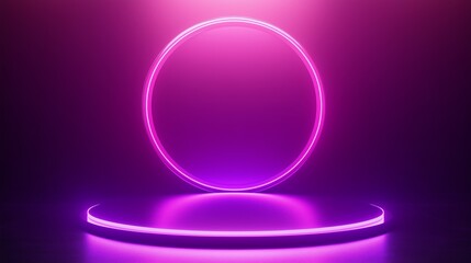 Obraz premium Circle pink neon light technology podium stage presentation in room modern technology