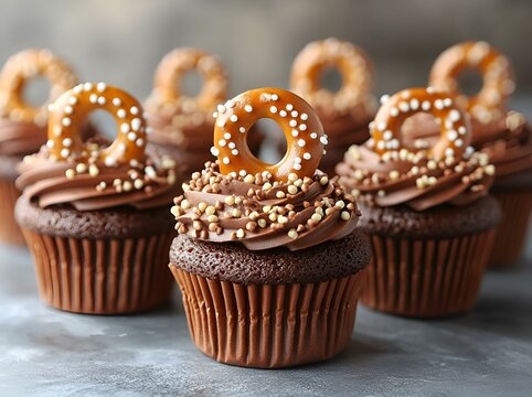 a group of chocolate cupcakes with pretzels. 