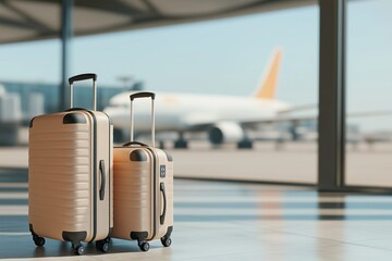 Suitcases at the airport against a window with an airplane in the background. Background with copy space. Travel and air travel