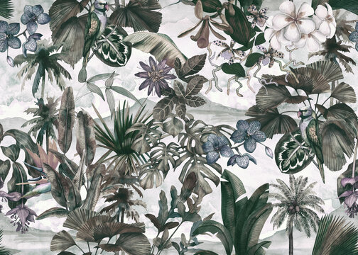 Tropical seamless pattern with palm leaves and tropical flowers, parrot and landscape with clouds and mountains hand painted in watercolor. landscape.