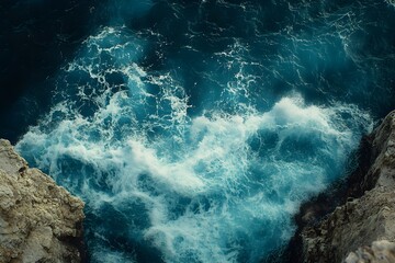 Obraz premium Rough waves crash against the rocks on the shore, creating foam and spray.