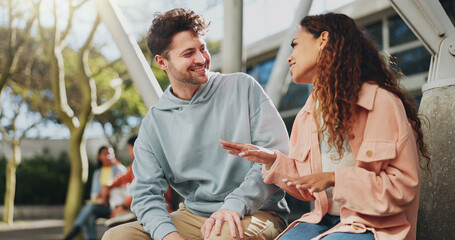 Relax, college or students on break talking or speaking of scholarship, education or future plan on campus. Learning, school or happy friends speaking in university bonding in fun social conversation