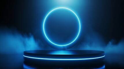 Circle blue neon light technology podium stage presentation in room modern technology