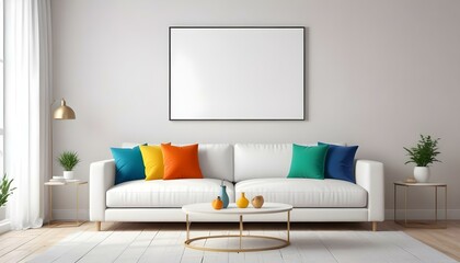 Photo modern style interior room 3d illustration Interior,Kitchen,Washrooms frame living room with colorful white sofa,led with blank frame