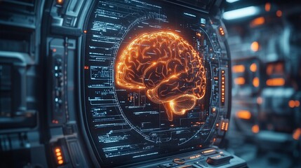 Futuristic Cybernetic Neural Network in Tech Lab with Glowing Brain Hologram
