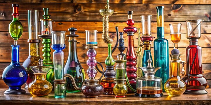 Diverse collection of colorful hand-blown glass bongs, intricate wooden water pipes, and stainless steel rig setups on a vintage wooden table.